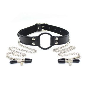 Colla BDSM con Argolla Bozal y Cadenas con Pinzas Pezoneras